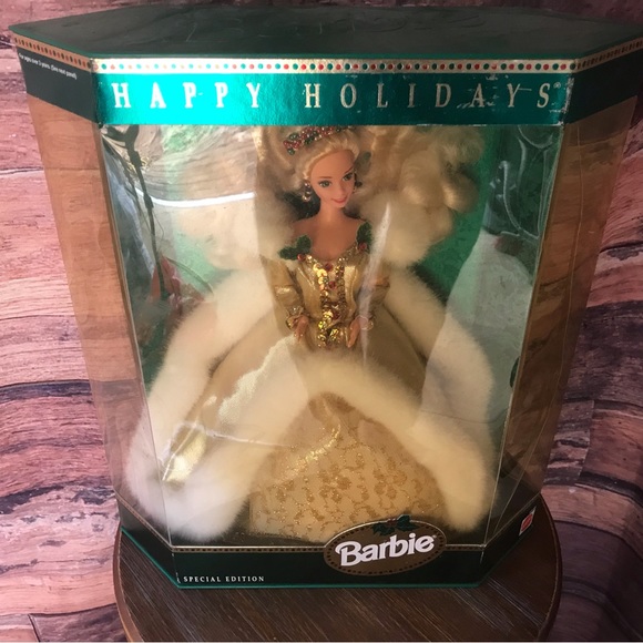 Barbie Happy Holidays 1994 Special Edition Doll - Gold & Faux Fur Gown, 12" With Display Stand - View #11